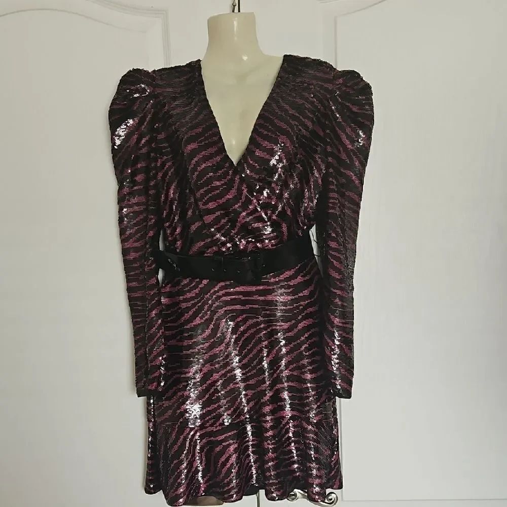 Michael Kors Sequins Pink and Black V-Neck Puff Sleeve Dress